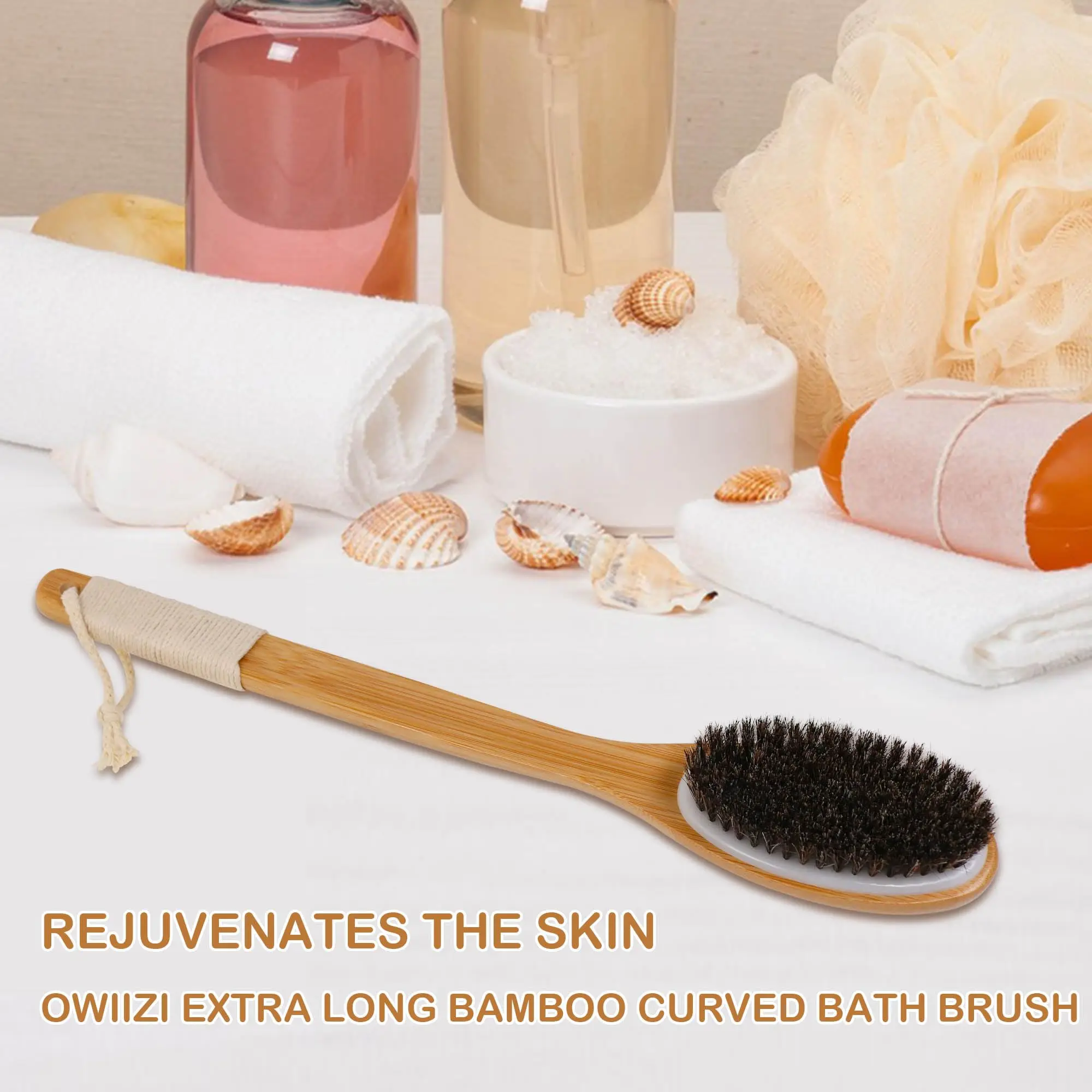 Wholesale Long bamboo curved handle horse hair raw bristle bath brush