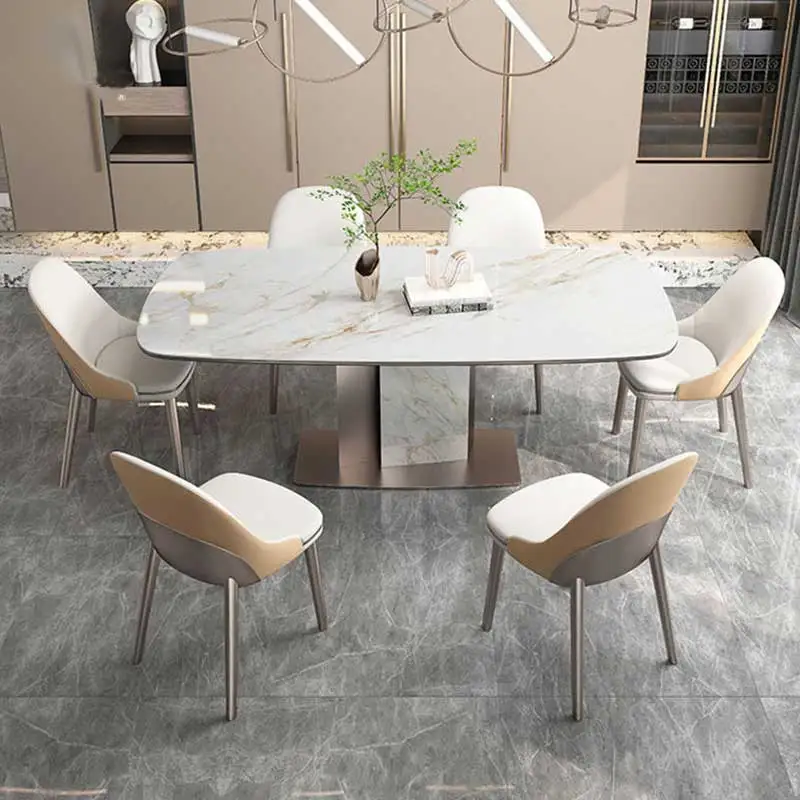 Modern Design White Marble Slate Top Dining Table 6 Chairs Set Home Furniture Luxury Metal Full Dining Room Dining Table
