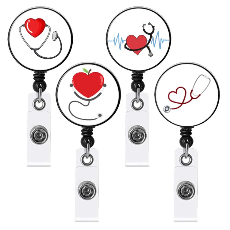custom hot sale doctors and nurses badge buckle love stethoscope  nurse badge reel retractable