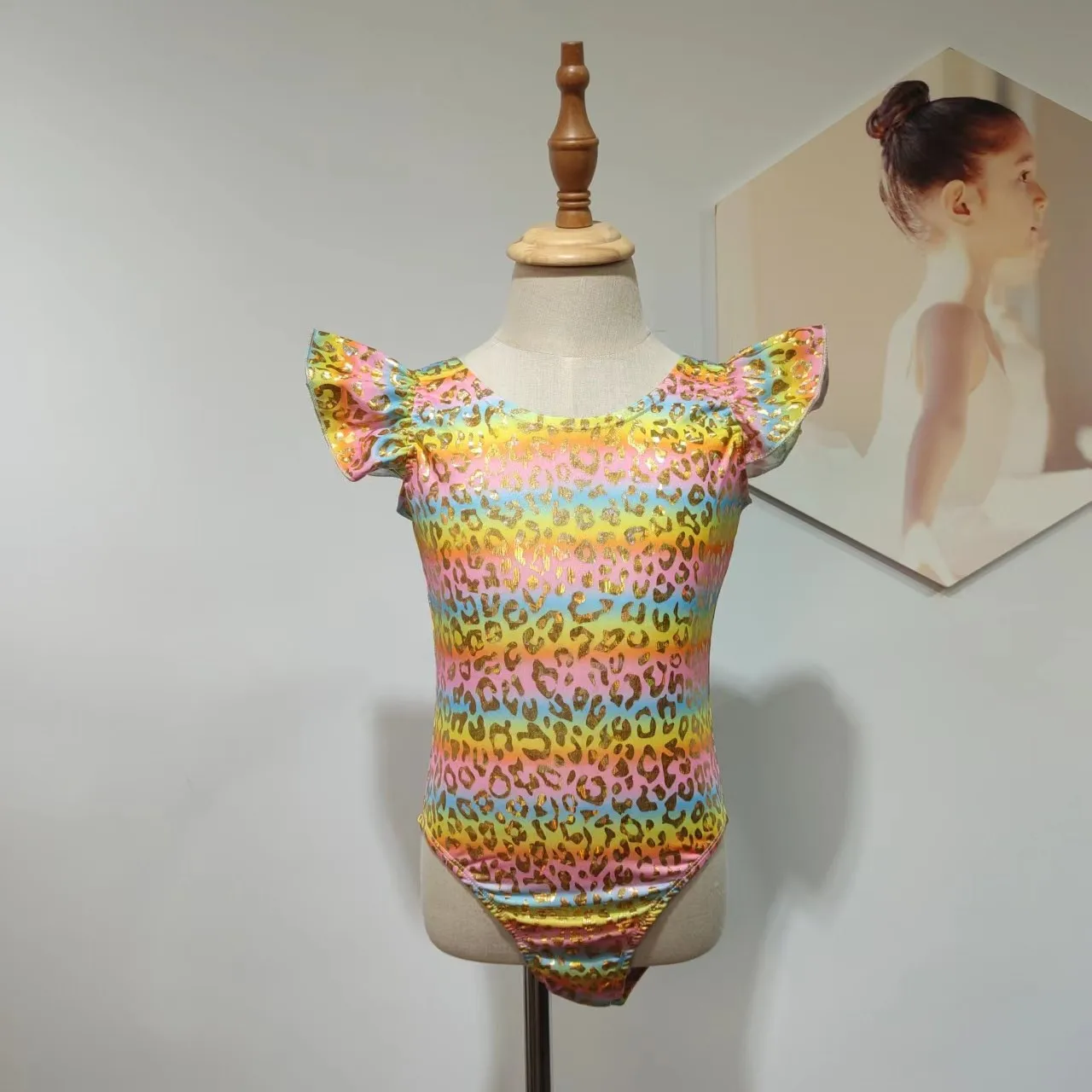 Hot selling leopard print high neck girls kids sleeveless teen gymnastics leotards