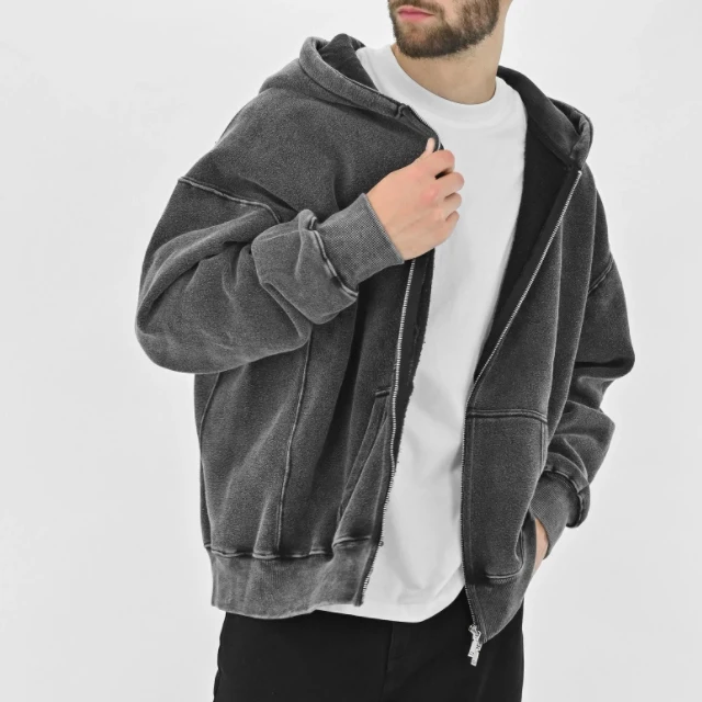 Custom Logo Vintage No Drawstring Blank Heavy Cotton Two-Way Zip Up Gray Washed Hoodie For Men