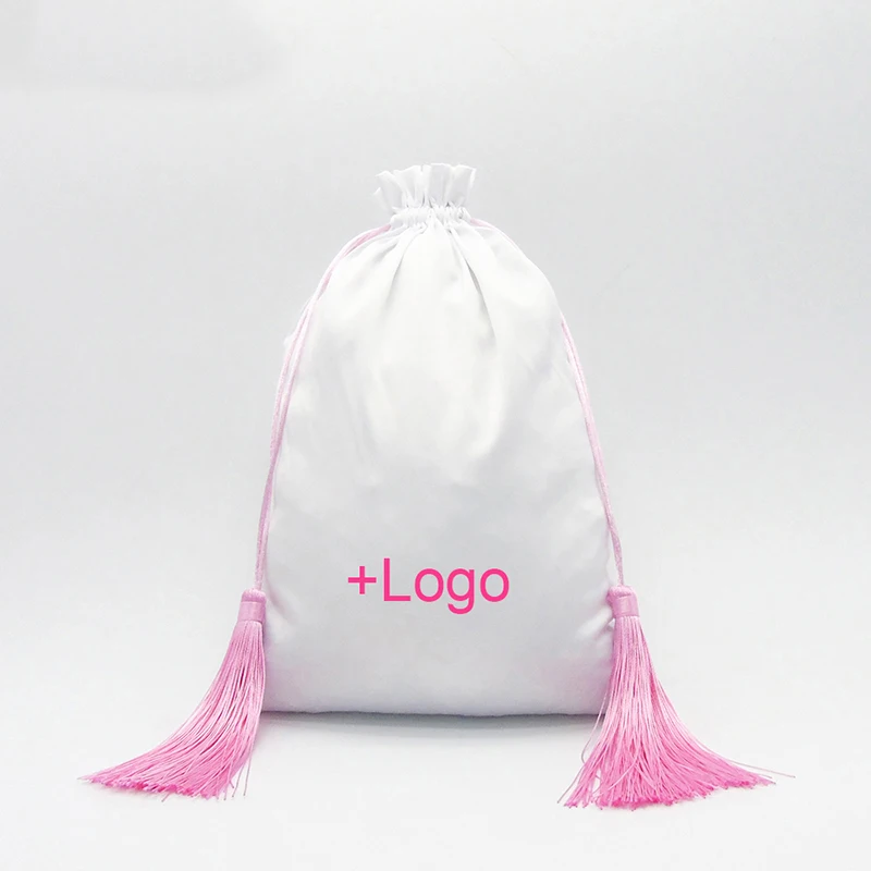 Custom Logo Durable Glossy Satin Hair Packaging Pouch for Wig Hair Bundles with Tassel Textile Packaging