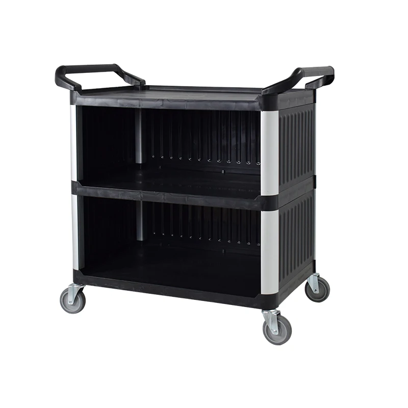 3 Tiers Hospital Cleaning Service Cart with rubbish bin Factory Price school dining room Plastic Food Trolley Cart Wholesale