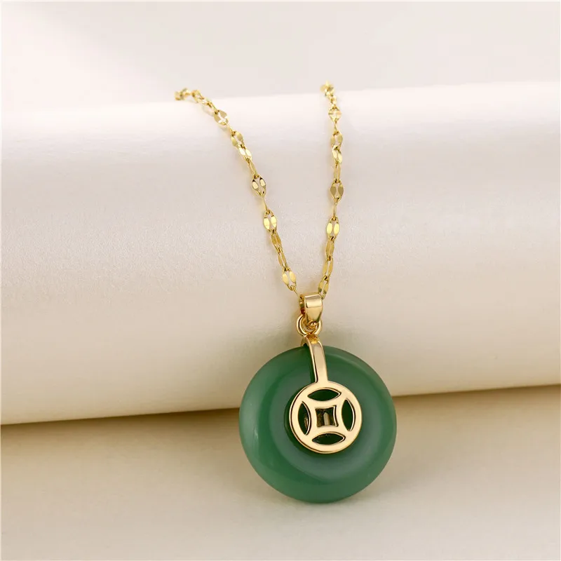 Chinese Style Lucky Jewelry Fu Jade Necklace 18K Gold Plated Stainless Steel Open Circle Disc Jade Necklace for Family Friends