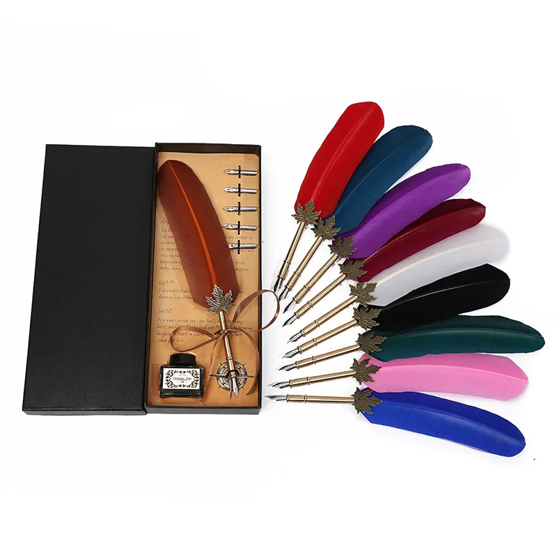 
Shearing leaf rod feather pen gift box student holiday gift stationery set retro dip pen send ink Pen 