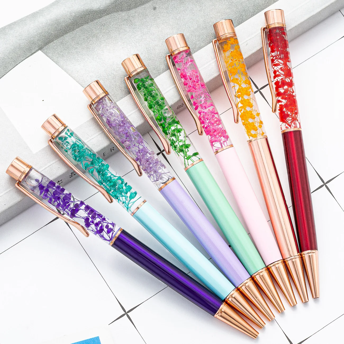 Selling Manufacturer Direct DIY Design Floating Liquid Flower Metal Ballpoint Pen With Logo Customized Printed For Gift