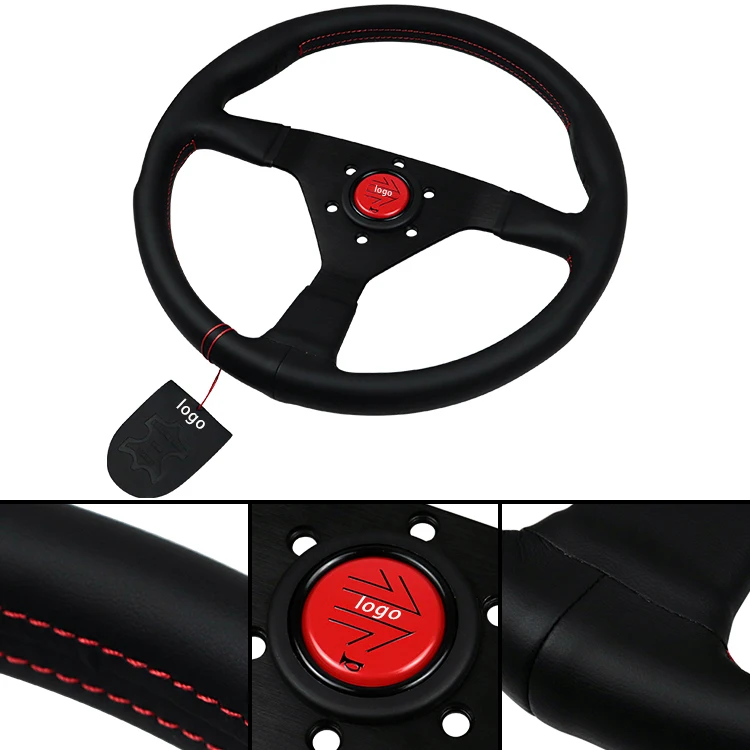 Universal Racing Steering Wheel Montecarlo Black Leather with Red Stitching Red Horn 350mm