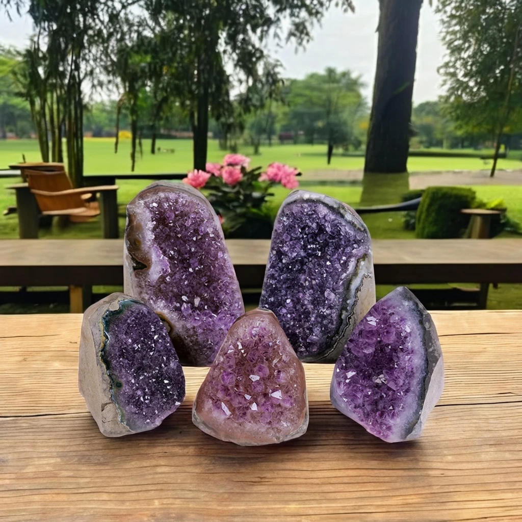 Natural Uruguay Amethyst Cluster Ornament Fengshui Garden Decor Crystal Caved Mineral Label Home Decor Love Stone Theme Rough