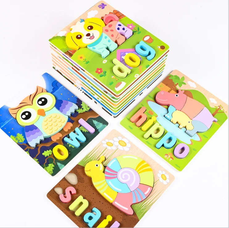 New 2 in 1 Baby Toys Wooden Educational Cognitive Training 3D Wooden Puzzle Cartoon Animals Words Kids Jigsaw Puzzle Kids Gifts