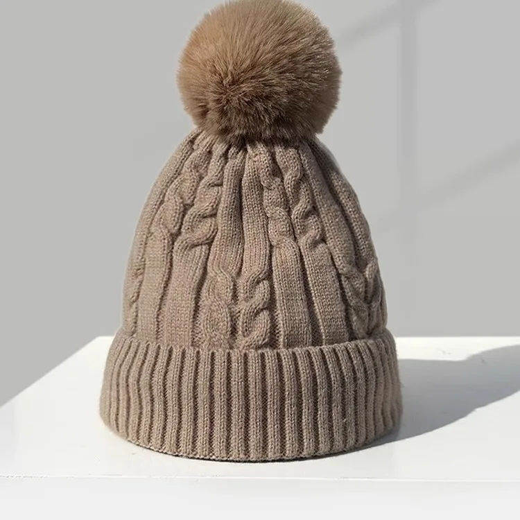 Wholesale Custom Knitted Beanie Warm Fleece Lining Women Cap Cable Faux Fur Pompom Winter Hat
