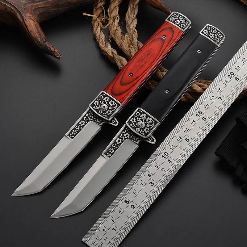 Outdoor Survival Multi-function Embossed Flower Pocket Knife With Steel & Colored Wood Handle
