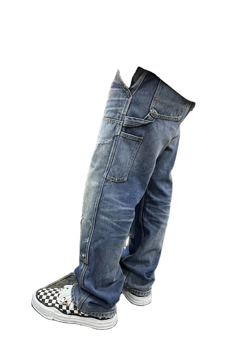 Custom High quality vintage heavy wash distressed ripped CARPENTER FLARED JEANS