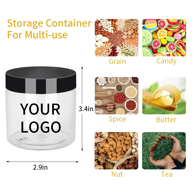 PET Clear Cosmetic Cream Jar Plastic Body scrub container with black lid 50ml 80ml 100ml 120ml 150ml 200ml 250ml 500ml 8oz PS