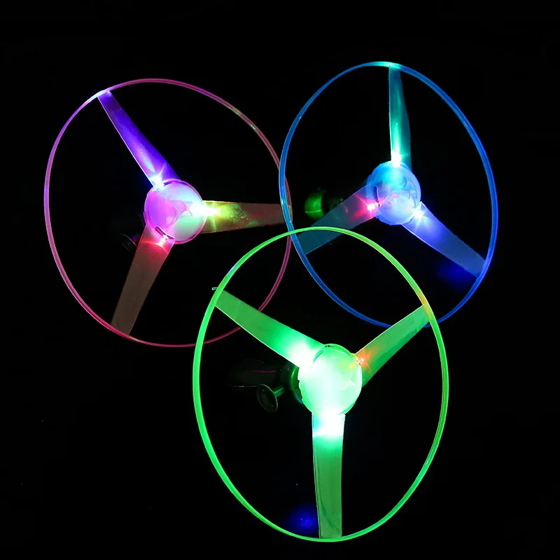 Funny plastic hand rotation push led light flying saucer outdoor toys pull line light up flying saucer toy