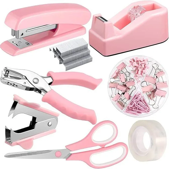 2024 Wholesale Custom Logo Pink Office Supplies Desktop Study Stapler Tape Holder Scissors Macaron Color School Stationery Set