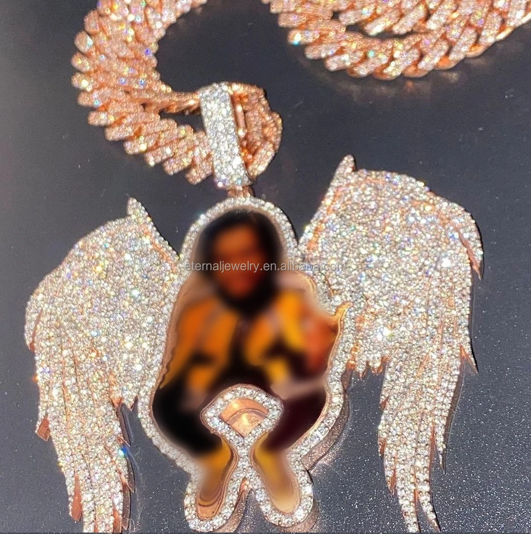 100% Passed Diamond Tester Custom Angel Wings Photo S925 Silver 10k 14k 18k Solid Gold Iced out VVS Moissanite Memory Pendant