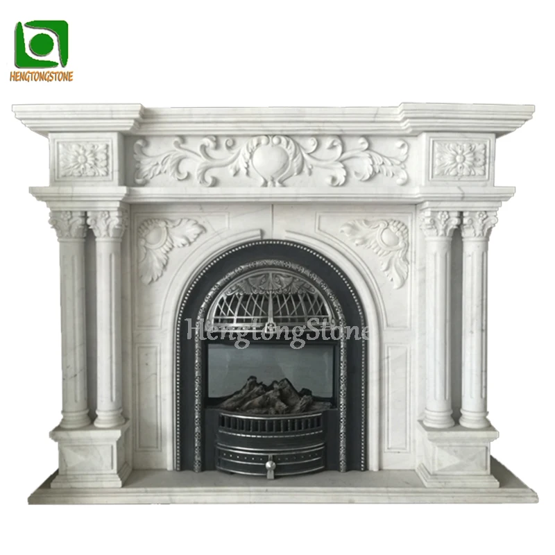 Wholesale Home Decorative European Style White Marble Column Engraving Fireplace Surround