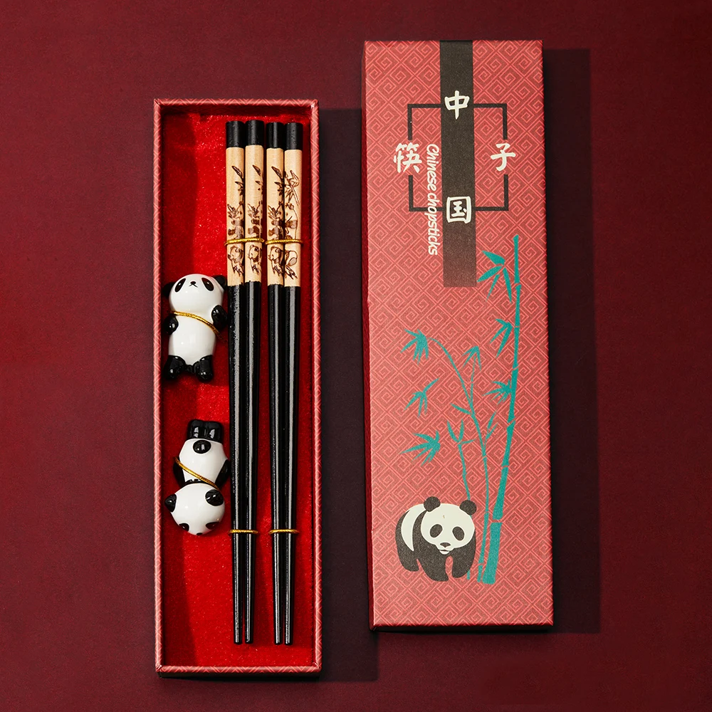 Wholesale Chinese Chopsticks Gift Box with Panda Ceramic Rack Couple Reusable Dishwasher-safe for Eating Cooking