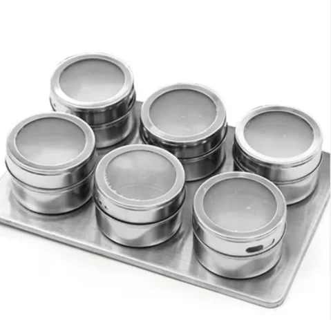 Round Seasonings Storage Containers with Shaker Clear Top Lid Stainless Steel Magnetic Spice Jar
