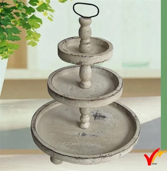 Lukcywind Shabby Chic Farmhouse Wood White Wash Heavy Duty Kitchen 3 Tier Round Tray
