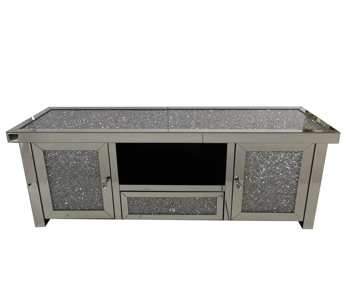 Лидер продаж, роскошная Серебристая зеркальная телевизионная скамейка с измельченным бриллиантом, 1 ящик, 2 двери, телевизионная стойка для дома, отеля