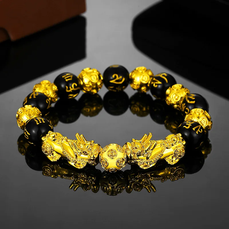 Luxury Charm 12mm Good Luck Buddha Lucky Wealth Pixiu Power Piyao Feng Shui 18K Gold Plated Black Obsidian Bracelet Men Women