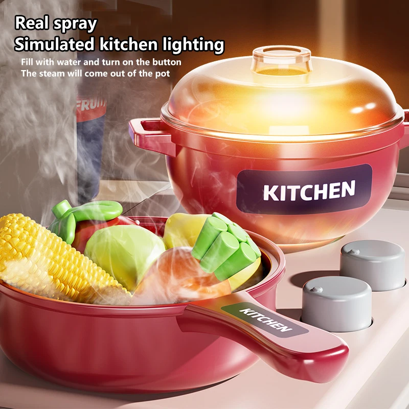 Hot Sell 33+pcs Mini Kitchen Toys Spray Real Cooking Set Game With Light Sound Pretend Kitchen Set
