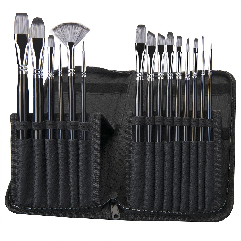 15pcs Nylon Hair Black Handle Artist Oil Painting Brushes Set for Acrylic Oil Watercolor  Painting
