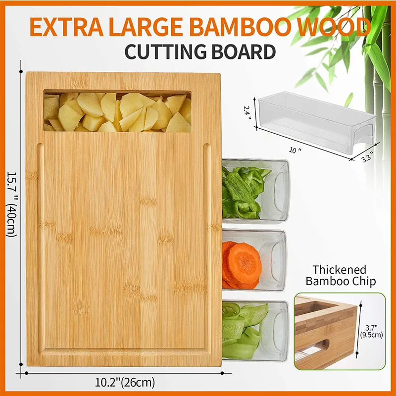 Multi-functional Bamboo Cutting Board With 4 Container Tray Kitchen Wooden Chopping Board With Storage Box