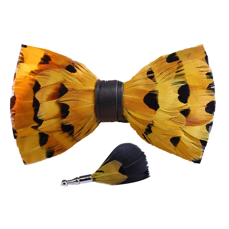 Hot Selling Custom Mens Feather Bowtie Brooch Set Fancy Decorative Handmade Elegant For Event Party