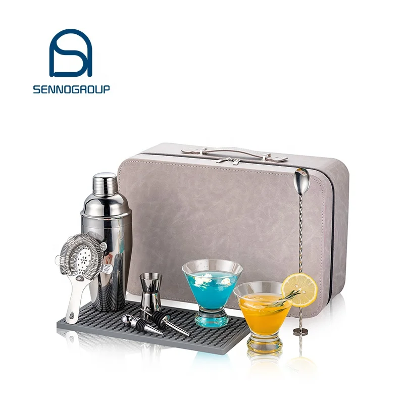 Professional Bartender Travel Cocktail Set Barware Stainless Steel Mixing Spoon Jigger Shaker Set With Suitcase Cups