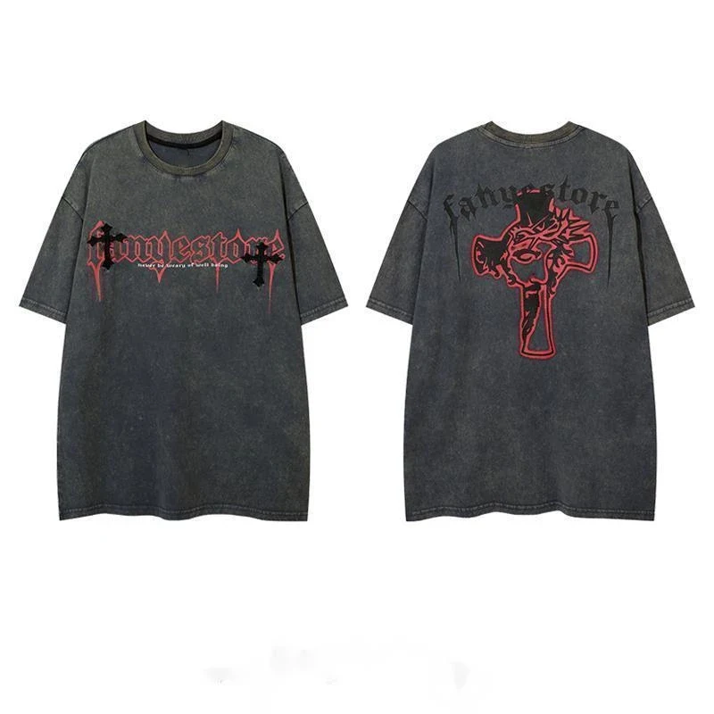Vintage Faded  Cross Print T Shirt Men Streetwear Cross Gothic Letter Short Sleeve Top Unisex Hip Hop Dark Grey Goth Shirt