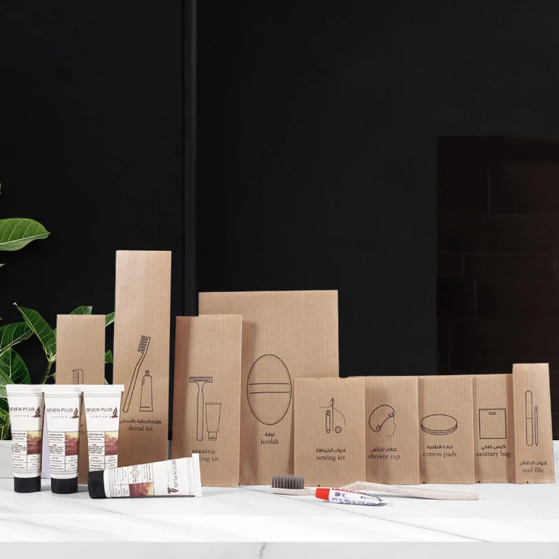 Custom Luxury OEM 5 Star Disposable Biodegradable Eco Friendly Guest Toiletries Kit Accessories Set for Bathroom Hotel Amenities