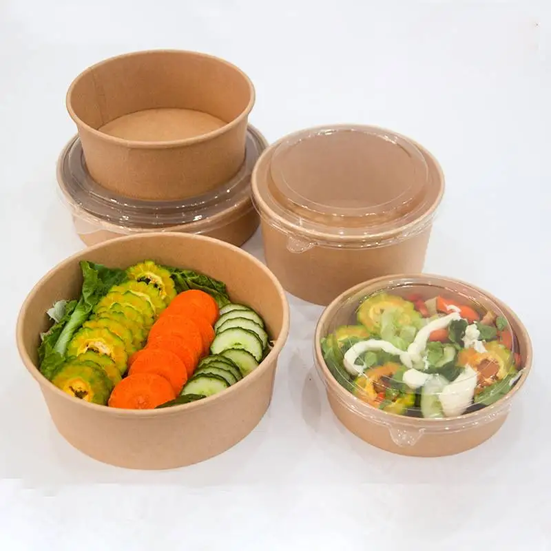 Biodegradable Custom Print paper lunch bowl Factory Wholesale 500ml 750ml 1000ml 1100ml 1300ml Disposable Kraft Paper Round Bowl