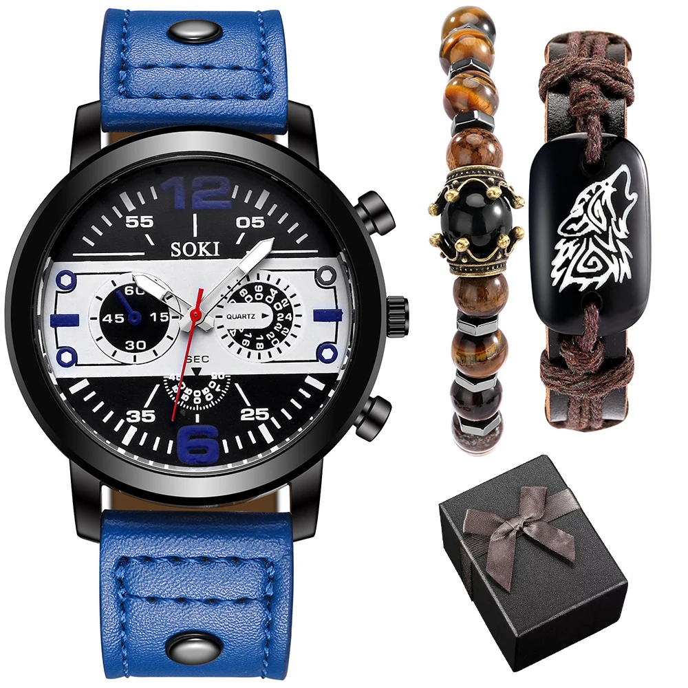 Wrist Watch with Bracelet set Men Quartz Watches for men Leather Strap Luxury Watch Bracelet Gift Set Reloj Hombre jewelry sets