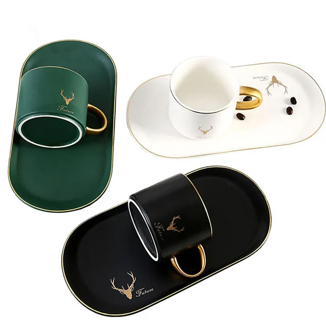 
Custom Logo European Wholesale Modern Design Office Mug Ceramic Gold Latte Coffee Tea Cups With Creative Saucers Tray 