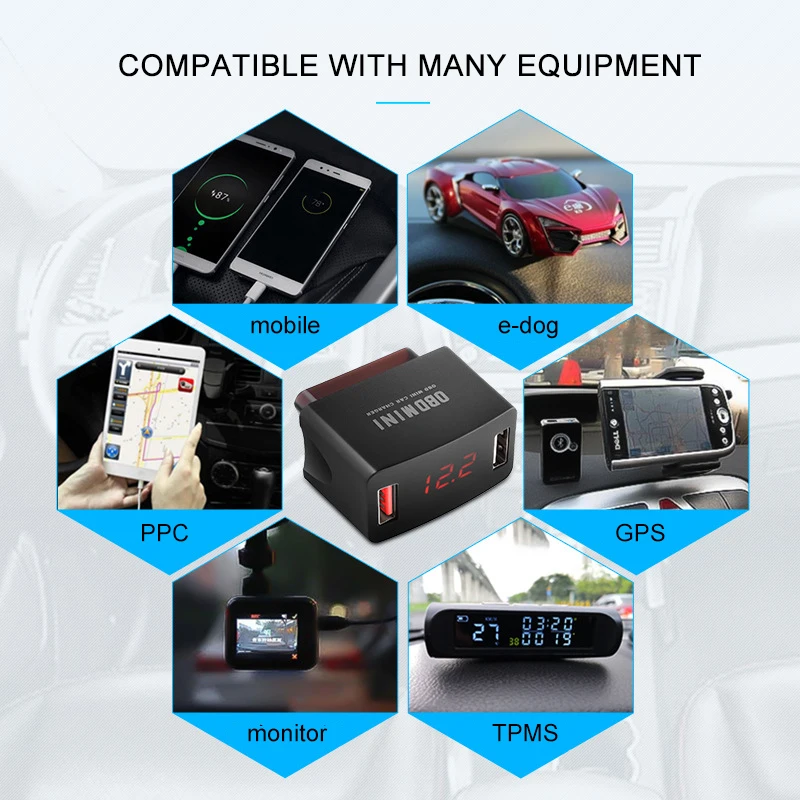 12/24V OBD Universal Car Charger Waterproof Dual USB Port Car Adapter With LED digital display Voltmeter Socket