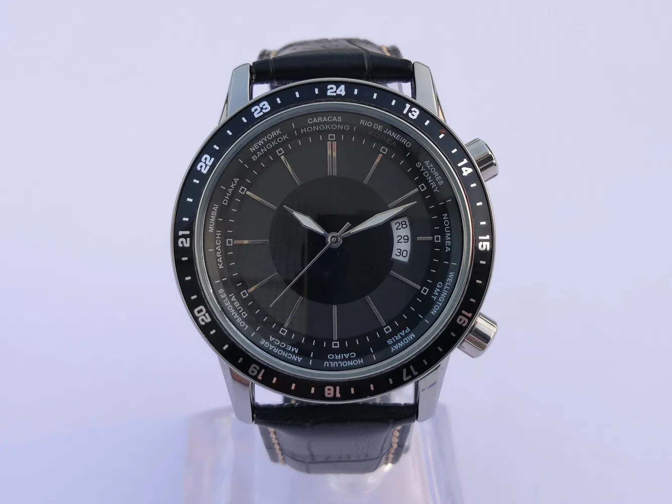 
Customizable quartz movement watch leather strap stainless steel case water resist world time feature wrist quartz watch 