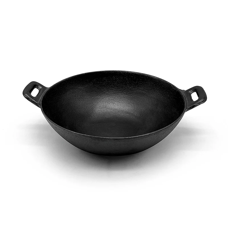 Chinese Traditional Cast Iron Wok Cast Iron Non Stick Coating Frying Wok Pan With Double Handle