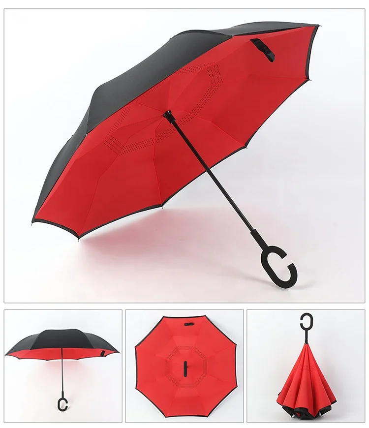 inverse car Umbrella with logo prints Custom Double Layer Inside Out C Shape Handle design inverted Folding Reverse Umbrella
