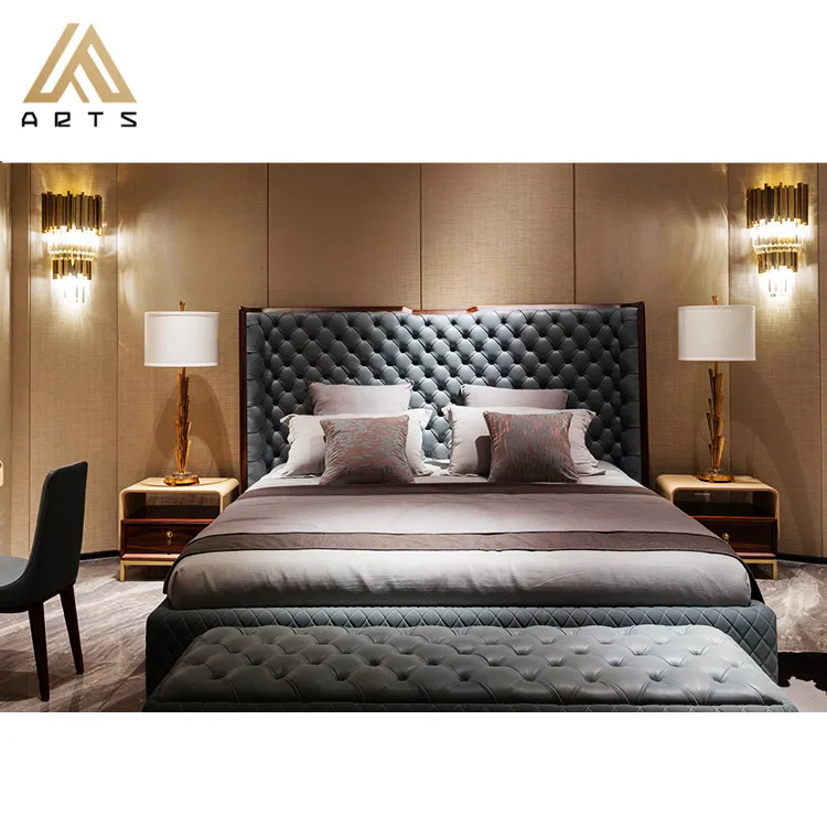 Luxury italian bedroom set furniture king size modern italian latest double bed designer furniture set king room  leather  bed