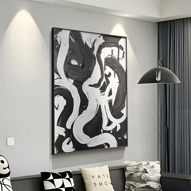Black and white minimalist living room decoration painting modern simple abstract sofa background wall painting