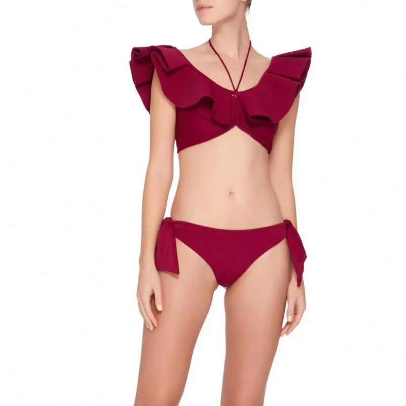 
Latest China Oem Factory Custom Bikini Manufacturer Strap Halter Ruffled Sling Sexy Brazilian Swimwear 2020 