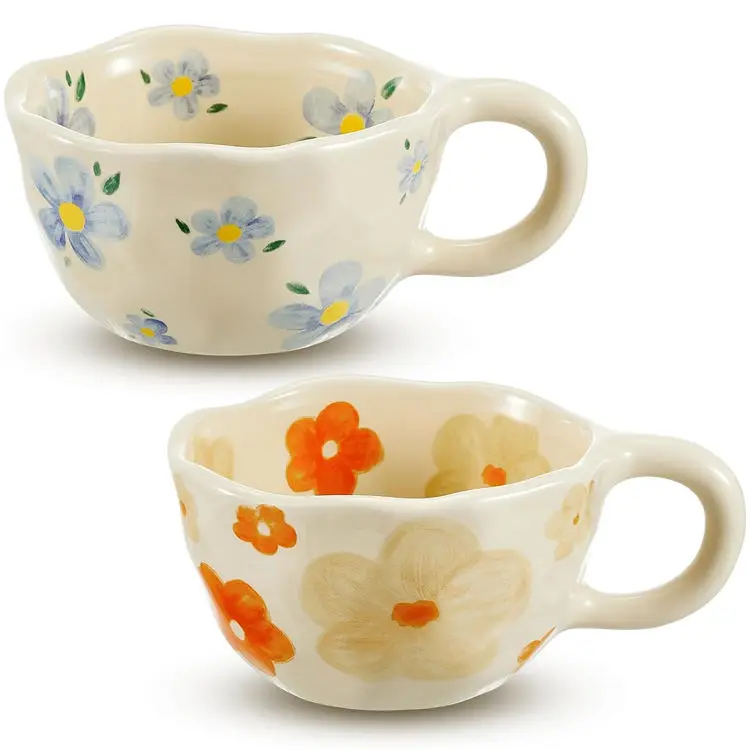Ins Korea Irregular Hand Painted Flower Coffee Mug, Creative Ceramic Milk Water Cup, cappuccino Cup for hotel Office