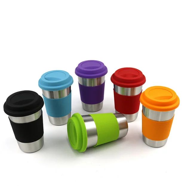 Stainless Steel Pint Cup With Silicone Lid And Silicone Grip Sleeve