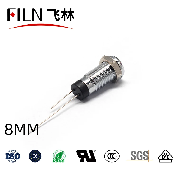FILN IP67 8mm Flat Head Red Yellow Blue Green White  LED Metal Indicator Light 12V  110V 220V meat grinder Signal Lamp with pin