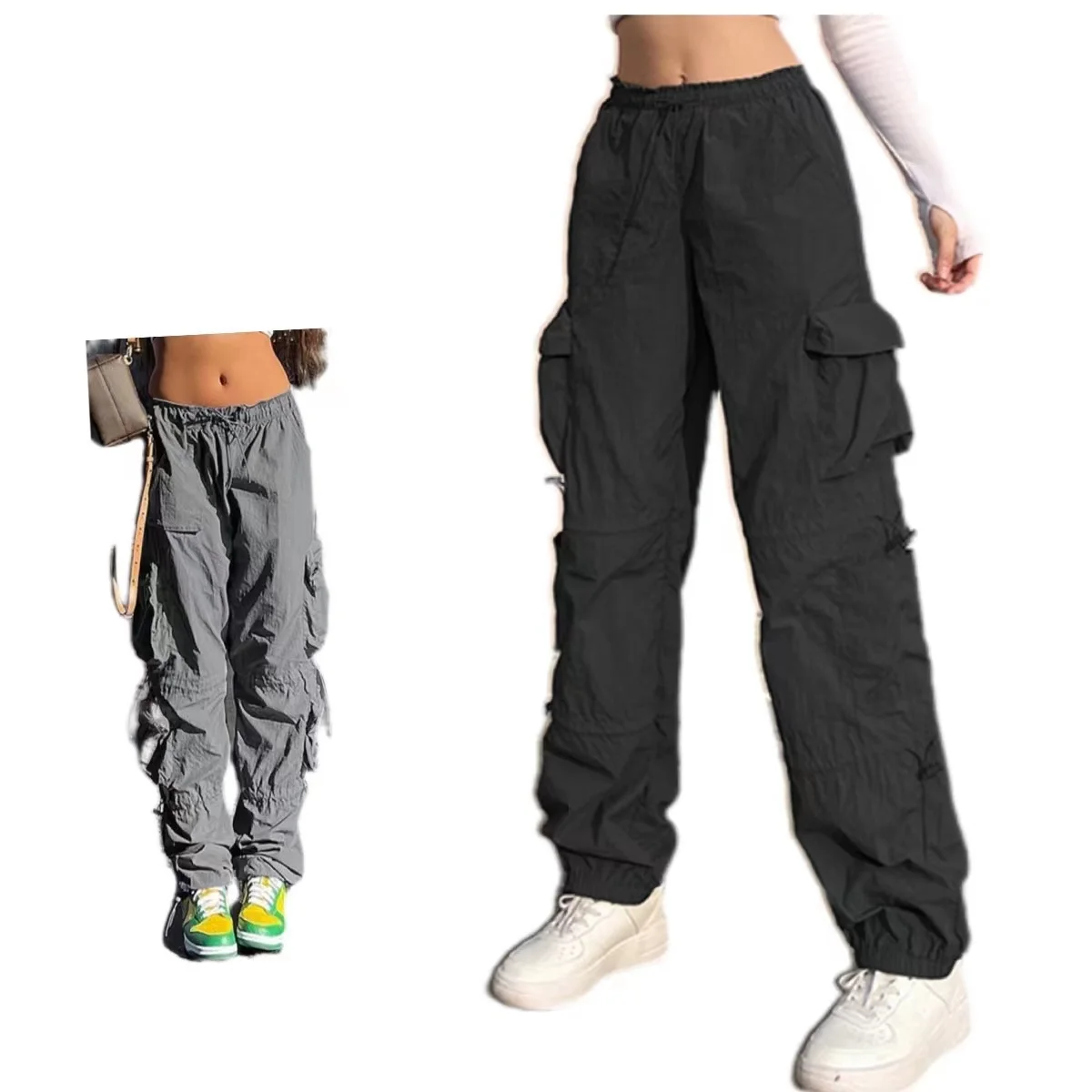 2022 string windbreaker custom logo poly poplin high wast black 6 pocket cargo long pants women streetwear casual straight pants