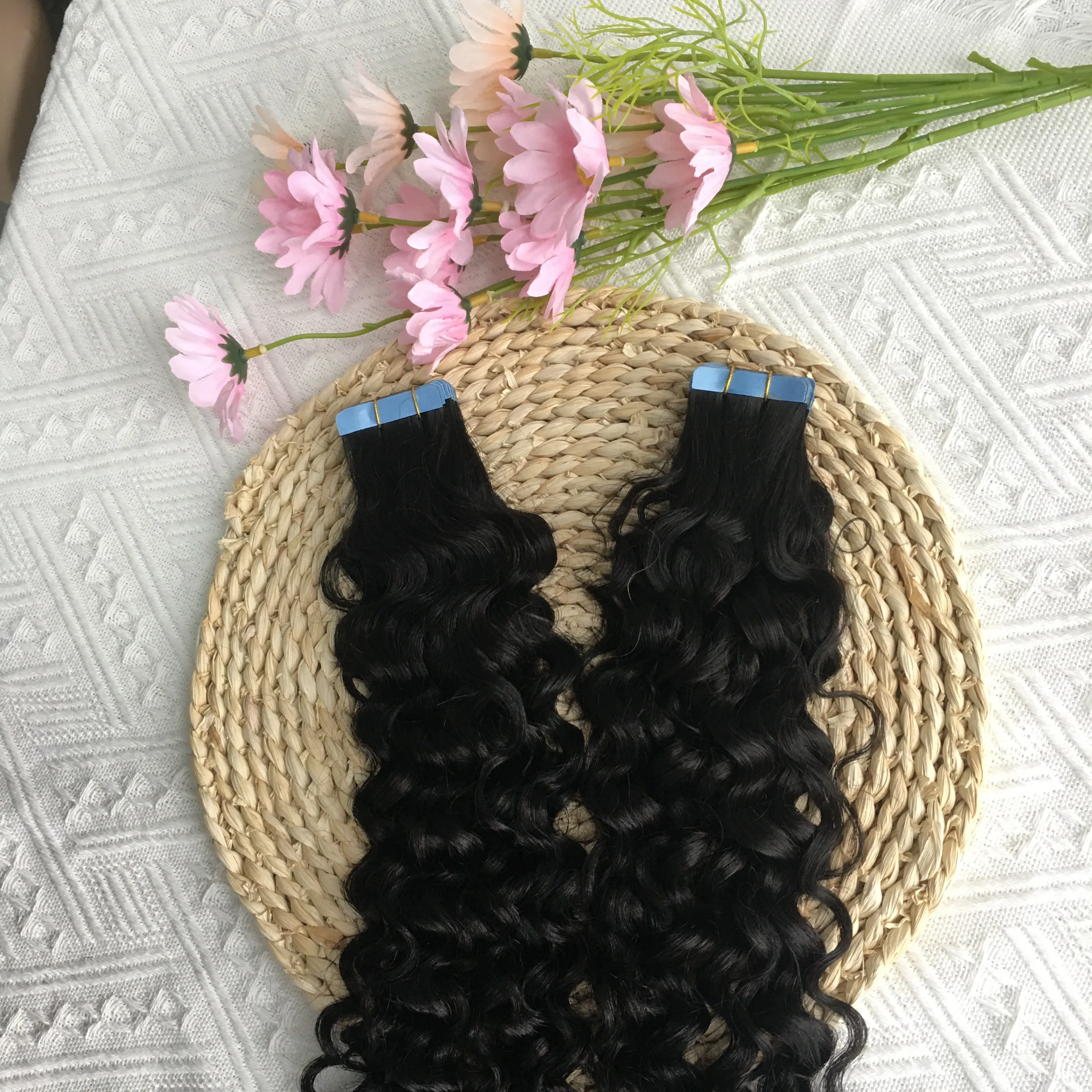 Textured 12a natural Malaysian Afro Kinky Curly Tape In Human Hair Extensions Mongolian Kinky Coily Skin Weft Adhesive Invisible
