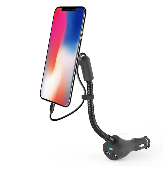 soporte celular 3.1 A dual USB ports built-in QC3.0 micro usb /type-c cable phone charger with flexible gooseneck car bracket