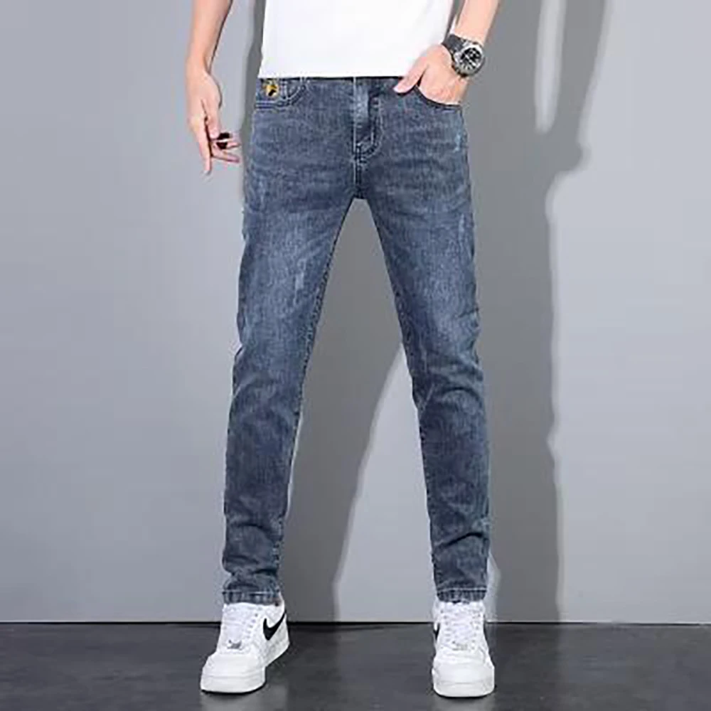 Custom High Street Hip Pop European Blue Washed Denim Spray Casual Jeans for Man